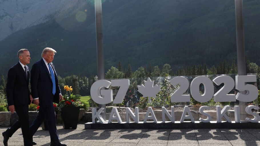 Canada's Prime Minister Mark Carney and U.S. President Donald Trump leave after a family photo session during the G7 Summit, in Kananaskis, Alberta, Canada, June 16, 2025.