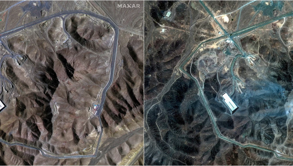 Imagen de satélite que muestra el antes y el después del ataque de Estados Unidos sobre la instalación nuclear iraní de Fordow/ MAXAR TECHNOLOGIES/ via REUTERS Imagen de satélite que muestra el antes y el después del ataque de Estados Unidos sobre la instalación nuclear iraní de Fordow/ MAXAR TECHNOLOGIES/ via REUTERS