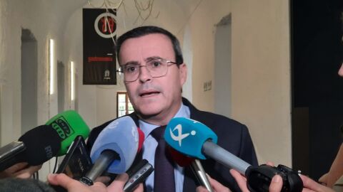 El presidente de la Diputaci&oacute;n de Badajoz, MIguel &Aacute;ngel Gallardo, atiende a los medios en Badajoz
