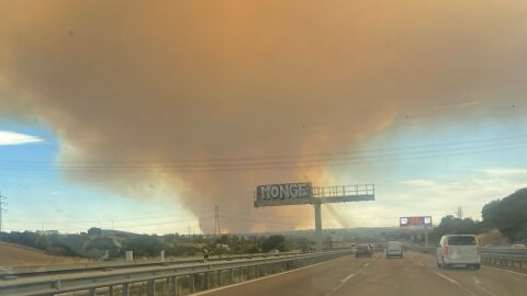 Un incendio forestal en M&eacute;ntrida (Toledo) deja una nube de humo y ceniza que llega hasta el centro de Madrid