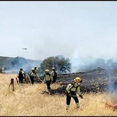 Labores de extinción del fuego en una zona agrícola de Valdepeñas Labores de extinción del fuego en una zona agrícola de Valdepeñas