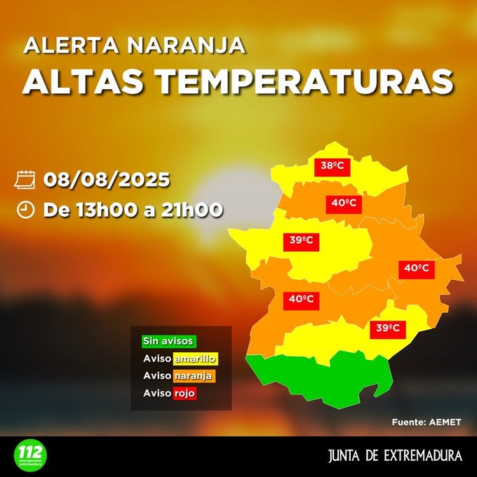 Alerta naranja por altas temperaturas este viernes en Vegas del Guadiana, Villuercas-Montánchez, La Siberia y Tajo y Alagón Alerta naranja por altas temperaturas este viernes en Vegas del Guadiana, Villuercas-Montánchez, La Siberia y Tajo y Alagón