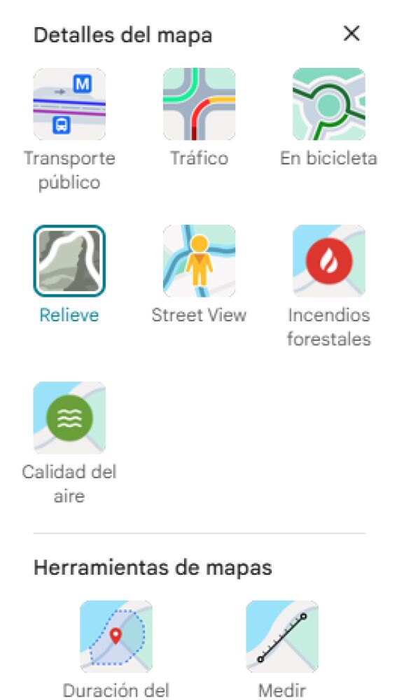 Vista de las opciones de Google Maps