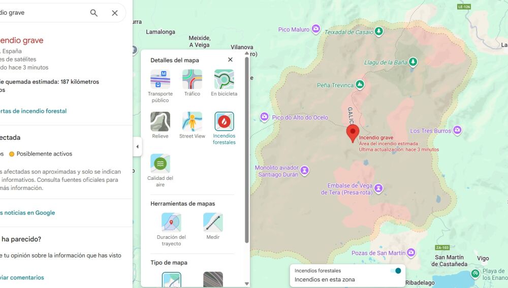 Incendios en Google Maps