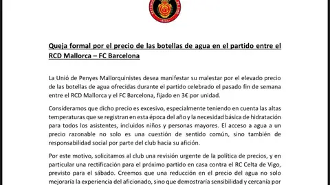 La Unió de Penyes Mallorquinistes critica el precio del agua en Son Moix Agua