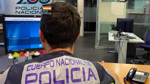 Miembro del Cuerpo Nacional de Policia usando el ordenador Miembro del Cuerpo Nacional de Policia usando el ordenador