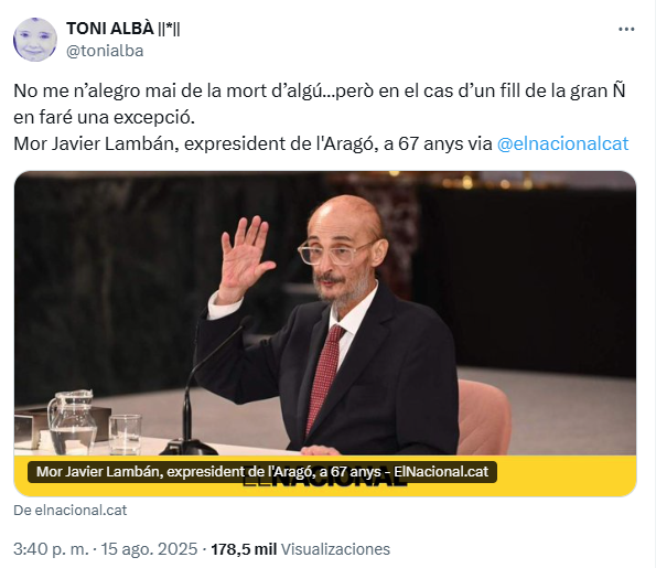 El Gobierno de Aragón denuncia al actor Toni Albà por celebrar la muerte de Lambán El Gobierno de Aragón denuncia al actor Toni Albà por celebrar la muerte de Lambán