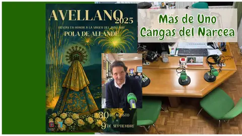 Tito, concejal de festejos de Allande junto al cartel anunciador del Avellano 20254 Tito, concejal de festejos de Allande junto al cartel anunciador del Avellano 20254