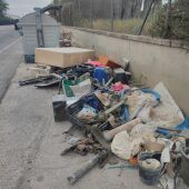 Residuos acumulados junto a un contenedor de basura de Elche.