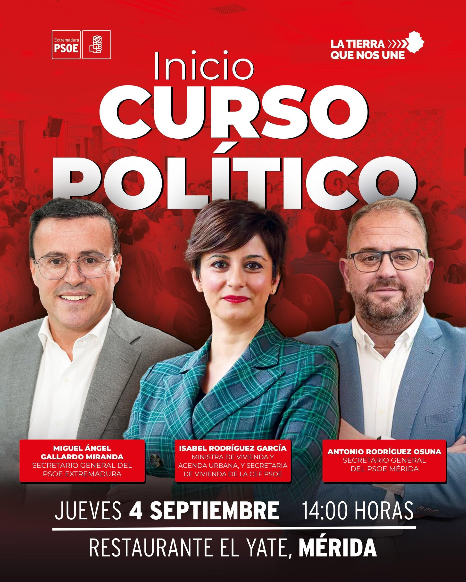 El PSOE inicia curso político con un acto en Mérida con la Ministra de Vivienda Isabel Rodríguez que previamente visitará Olivenza El PSOE inicia curso político con un acto en Mérida con la Ministra de Vivienda Isabel Rodríguez que previamente visitará Olivenza