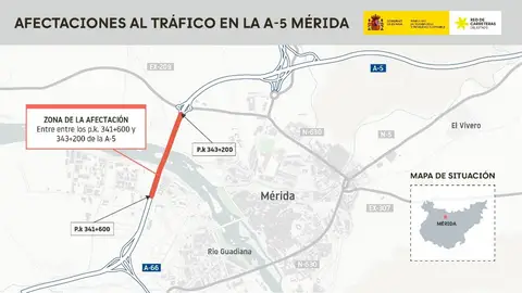 Las obras en viaductos sobre el río Guadiana en A-5 en Mérida obligan a cortar la calzada derecha en varios kilómetros Las obras en viaductos sobre el río Guadiana en A-5 en Mérida obligan a cortar la calzada derecha en varios kilómetros