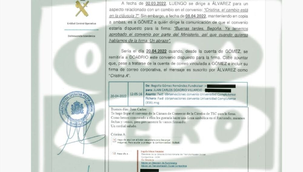 Extracto del informe de la UCO que muestra un correo desde la cuenta de Begoña Gómez firmado por Cristina Álvarez/ ondacero.es