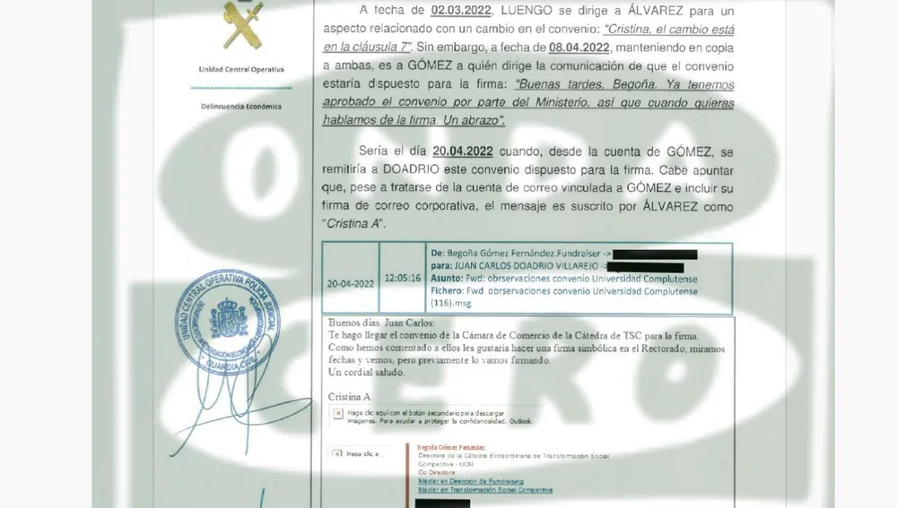 Extracto del informe de la UCO que muestra un correo desde la cuenta de Begoña Gómez firmado por Cristina Álvarez/ ondacero.es Extracto del informe de la UCO que muestra un correo desde la cuenta de Begoña Gómez firmado por Cristina Álvarez/ ondacero.es