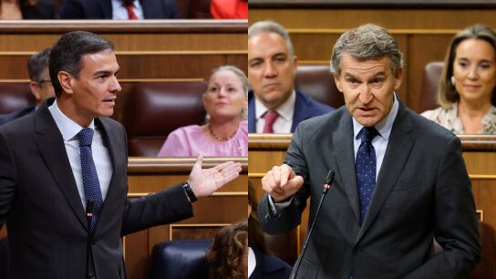 El presidente del Gobierno, Pedro S&aacute;nchez, y el l&iacute;der del PP, Alberto N&uacute;&ntilde;ez Feij&oacute;o, en la sesi&oacute;n de control de este 15 de octubre de 2025