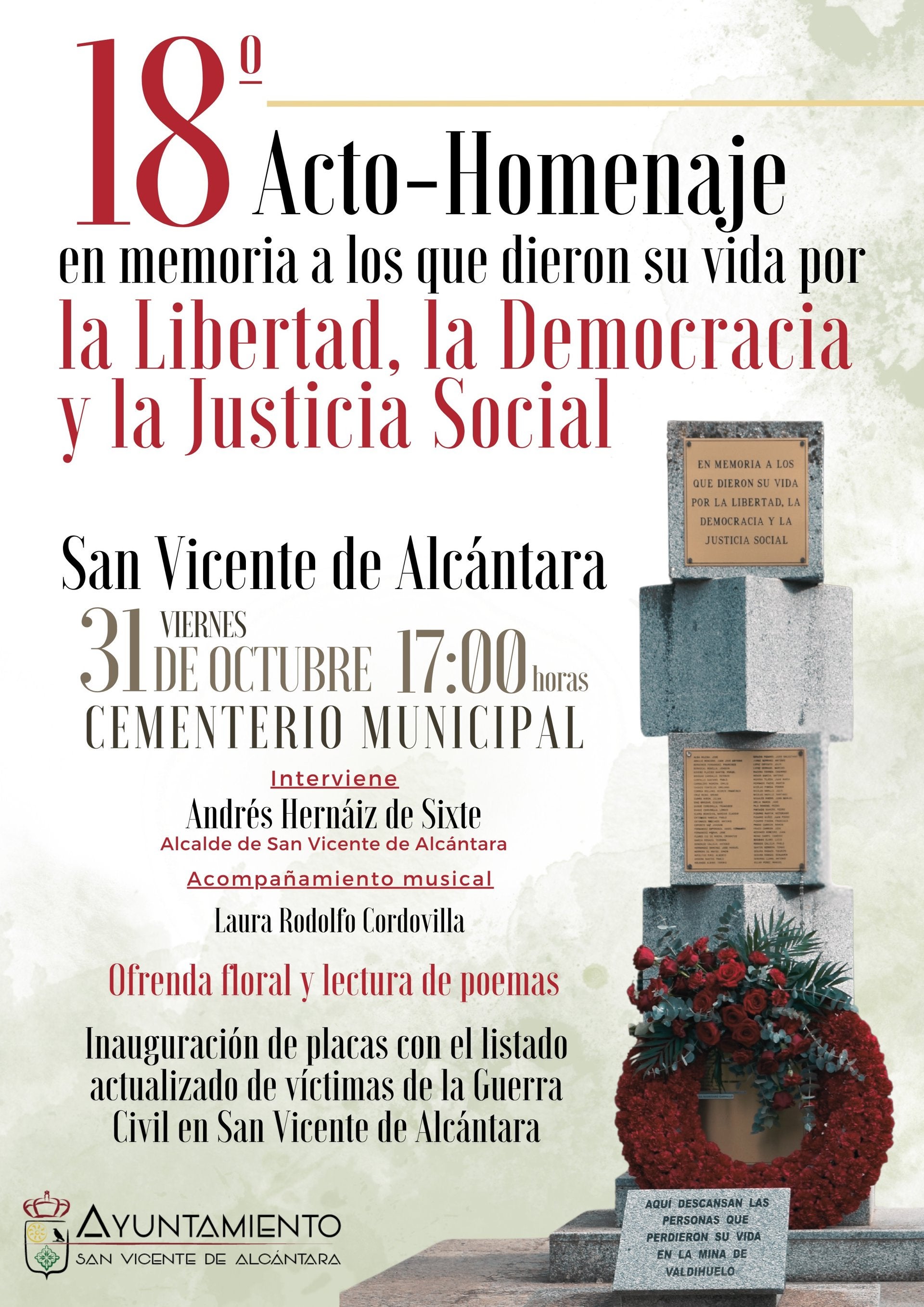 San Vicente de Alcántara celebra un homenaje a víctimas de la Guerra Civil y la represión franquista San Vicente de Alcántara celebra un homenaje a víctimas de la Guerra Civil y la represión franquista