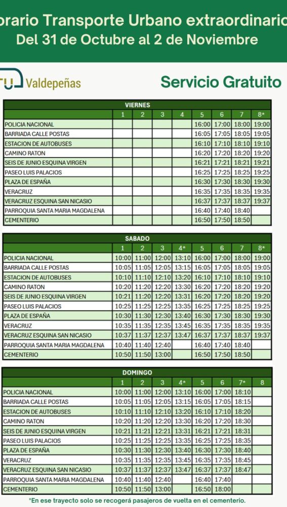Horario especial autobuses Todos los Santos