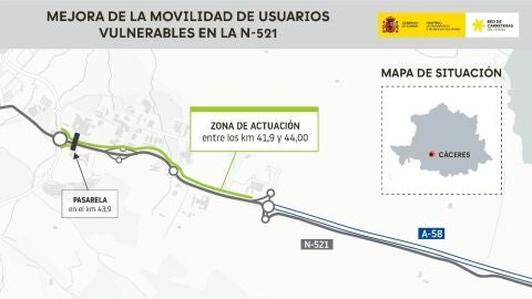 El Ministerio de Transportes aprueba el proyecto de trazado para una v&iacute;a ciclista y una pasarela en la N-521 en C&aacute;ceres