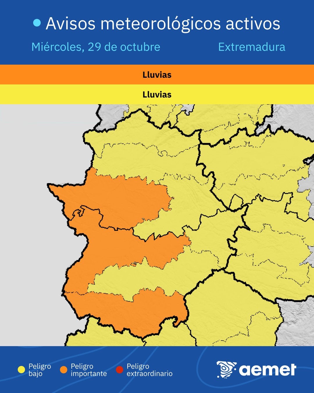Extremadura activa este miércoles el aviso naranja por lluvias que pueden superar los 80 litros en 12 horas Extremadura activa este miércoles el aviso naranja por lluvias que pueden superar los 80 litros en 12 horas