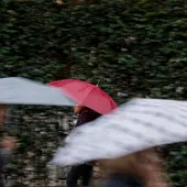 Varias personas se protegen de la lluvia con un paraguas. Varias personas se protegen de la lluvia con un paraguas.
