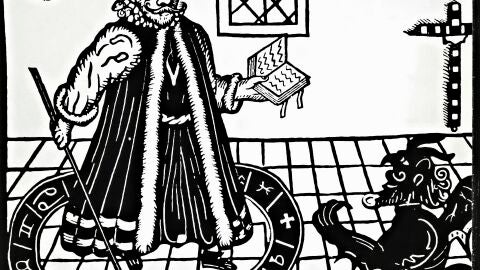 El actor Edward Alleyn, portada de La tr&aacute;gica historia del doctor Fausto, de Christopher Marlowe (1564-1593), grabado de John Wright, Londres, 1636.