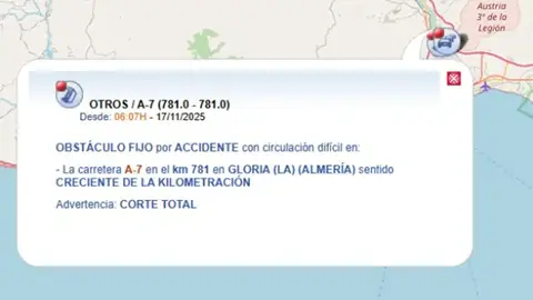 Corte en la A-7 en Almería por un accidente de tráfico con un muerto entre un turismo y un camión Corte en la A-7 en Almería por un accidente de tráfico con un muerto entre un turismo y un camión