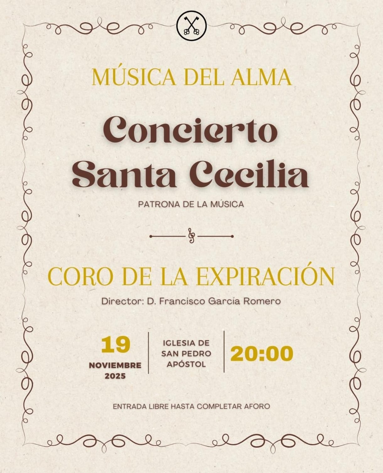 Este miércoles 19 de noviembre a las 20:00h tendrá lugar el Concierto Santa Cecilia del Coro de la Archicofradía de la Expiración Este miércoles 19 de noviembre a las 20:00h tendrá lugar el Concierto Santa Cecilia del Coro de la Archicofradía de la Expiración