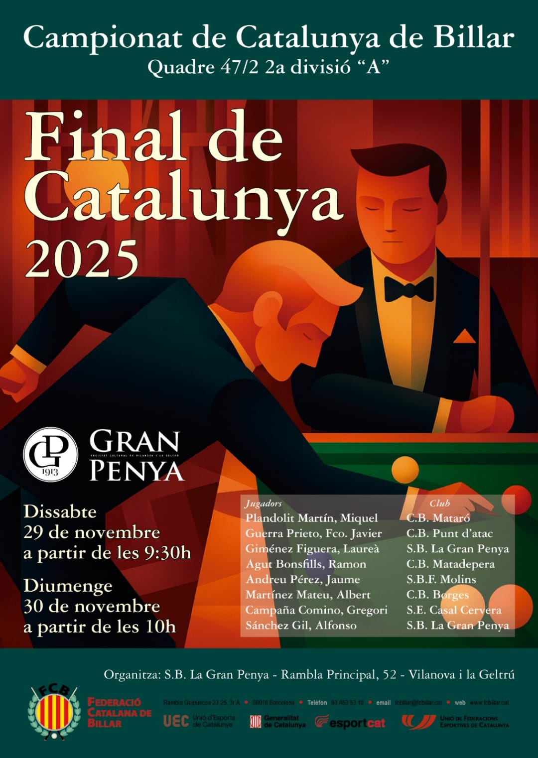 Tot a punt a Vilanova per a una final de Catalunya que reunirà els millors especialistes del billar 47/2 de 2a A Tot a punt a Vilanova per a una final de Catalunya que reunirà els millors especialistes del billar 47/2 de 2a A
