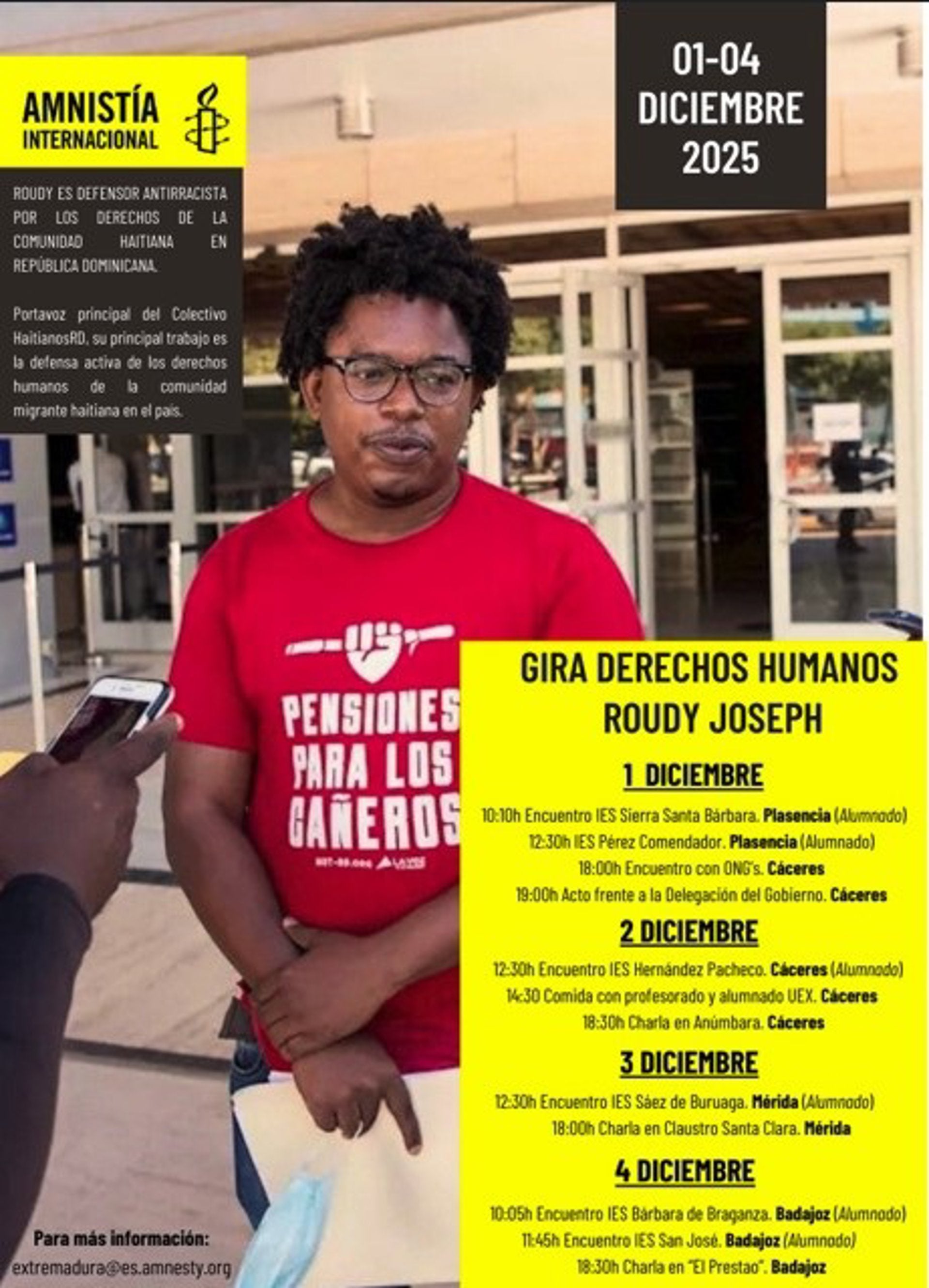 El defensor de derechos humanos haitiano Roudy Joseph realizará esta semana una gira por Extremadura El defensor de derechos humanos haitiano Roudy Joseph realizará esta semana una gira por Extremadura