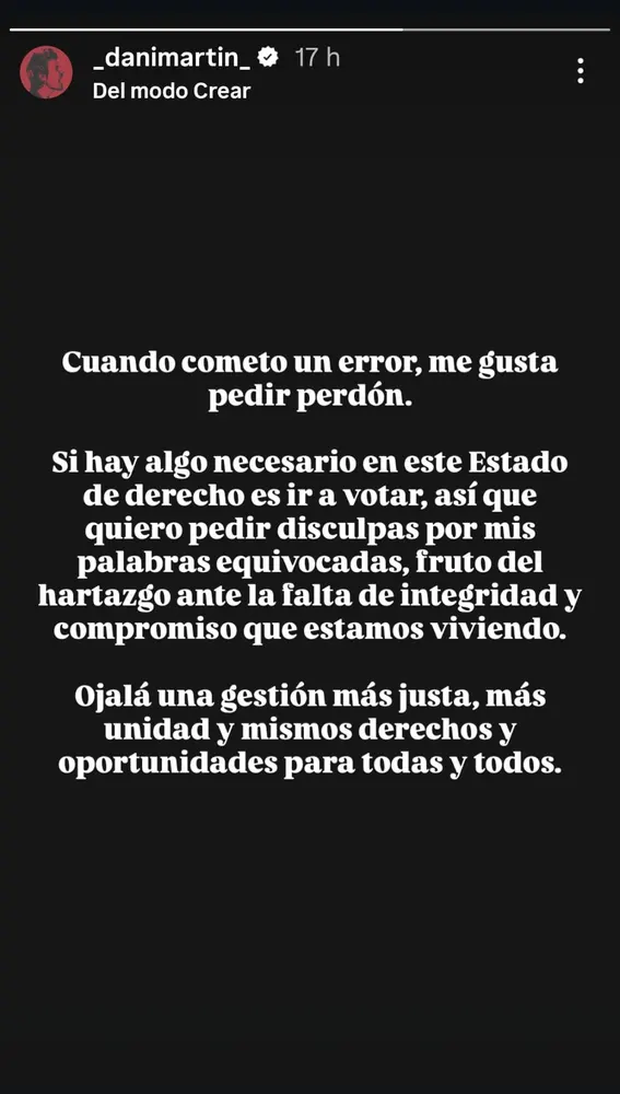 Captura de pantalla de la historia de Dani Martín pidiendo disculpas Captura de pantalla de la historia de Dani Martín pidiendo disculpas