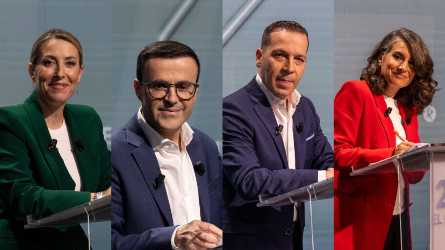Los cuatro candidatos a las elecciones en Extremadura: Mar&iacute;a Guardiola, Miguel &Aacute;ngel Gallardo, &Oacute;scar Fern&aacute;ndez e Irene de Miguel