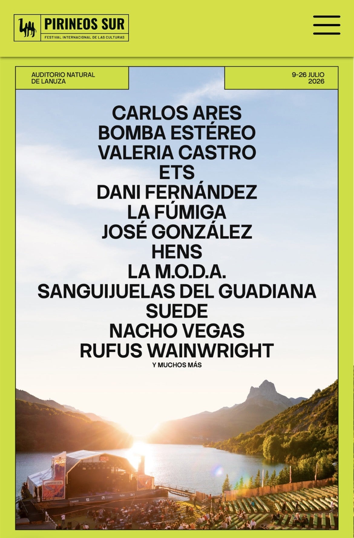 Suede, José González, Dani Fernández, Valeria Castro o Bomba Estéreo en Pirineos Sur 2026 Suede, José González, Dani Fernández, Valeria Castro o Bomba Estéreo en Pirineos Sur 2026