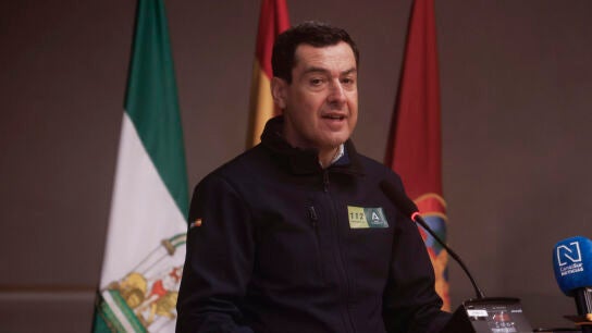 El presidente de la Junta de Andaluc&iacute;a, Juanma Moreno, en una comparecencia este s&aacute;bado en C&oacute;rdoba