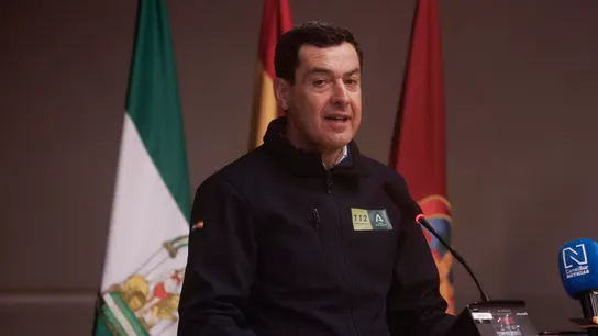 El presidente de la Junta de Andalucía, Juanma Moreno, en una comparecencia este sábado en Córdoba El presidente de la Junta de Andalucía, Juanma Moreno, en una comparecencia este sábado en Córdoba