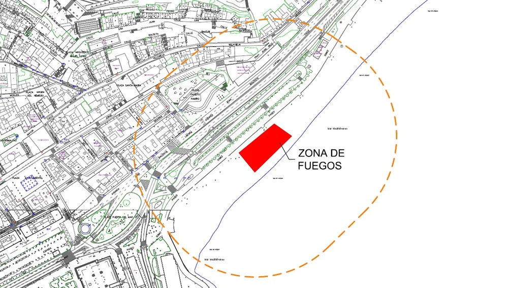 La nueva ubicación del disparo desde la arena de El Postiguet a la altura de El Paseíto de Ramiro La nueva ubicación del disparo desde la arena de El Postiguet a la altura de El Paseíto de Ramiro