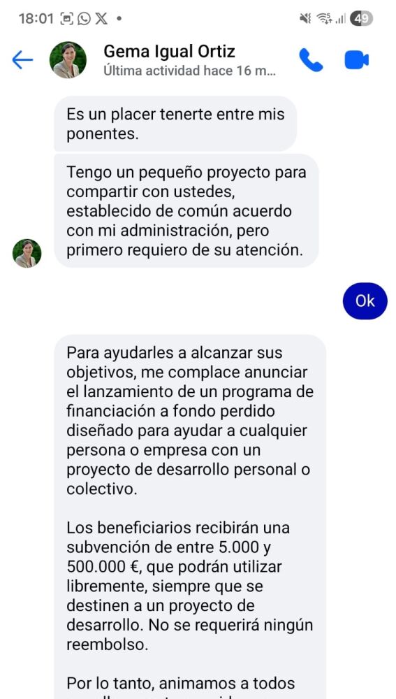 Mensaje fraudulento enviado desde un perfil falso bajo el nombre de Gema Igual