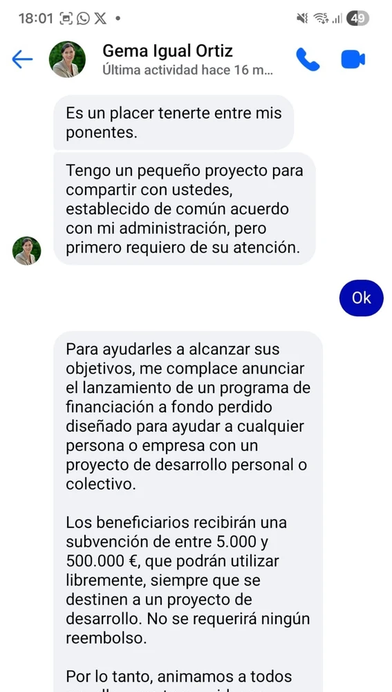Mensaje fraudulento enviado desde un perfil falso bajo el nombre de Gema Igual Mensaje fraudulento enviado desde un perfil falso bajo el nombre de Gema Igual
