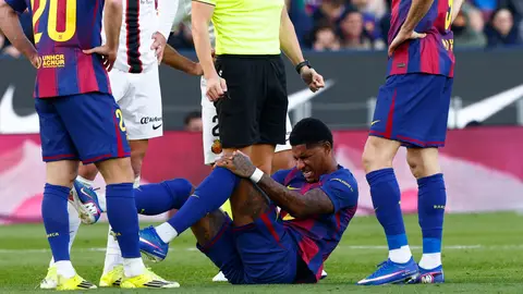 El delantero inglés del Barcelona, Marcus Rashford (c), durante el partido de LaLiga ante el Mallorca, en el Camp Nou. El delantero inglés del Barcelona, Marcus Rashford (c), durante el partido de LaLiga ante el Mallorca, en el Camp Nou.
