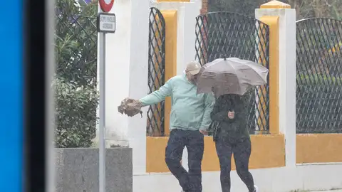 Una mujer se protege del viento y la lluvia en Huelva. Una mujer se protege del viento y la lluvia en Huelva.