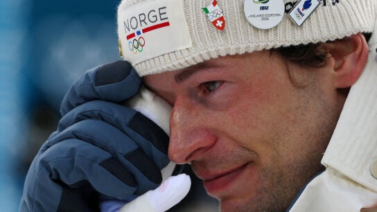 El noruego Sturla Holm Laegreid, emocionado tras ganar el bronce.