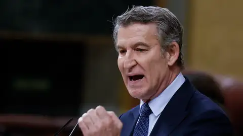 El presidente del PP, Alberto Núñez Feijóo, interviene desde la tribuna de oradores tras la intervención del presidente del Gobierno. El presidente del PP, Alberto Núñez Feijóo, interviene desde la tribuna de oradores tras la intervención del presidente del Gobierno.
