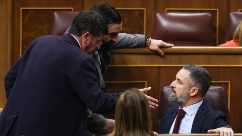  El l&iacute;der de Vox, Santiago Abascal (d), conversa con dos diputados antes del inicio dell pleno del Congreso de los Diputados este jueves. 