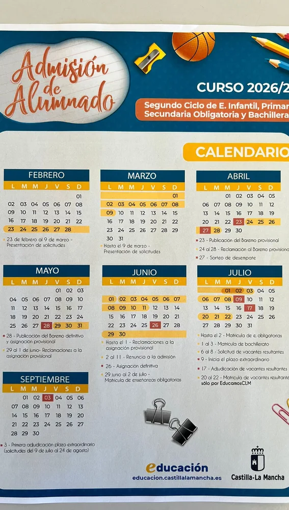 Calendario proceso de admisión Curso 2026-2027 Guadalajara Calendario proceso de admisión Curso 2026-2027 Guadalajara
