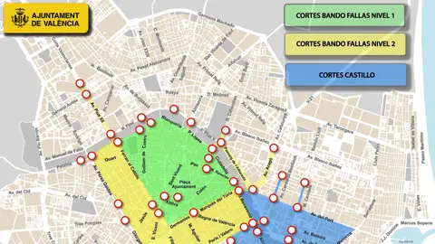 Mapa cortes tráfico fallas. Mapa cortes tráfico fallas.