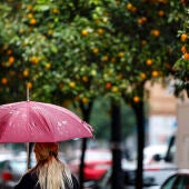 En la imagen, una persona camina bajo la lluvia en el centro de València, en el mes de diciembre. 
