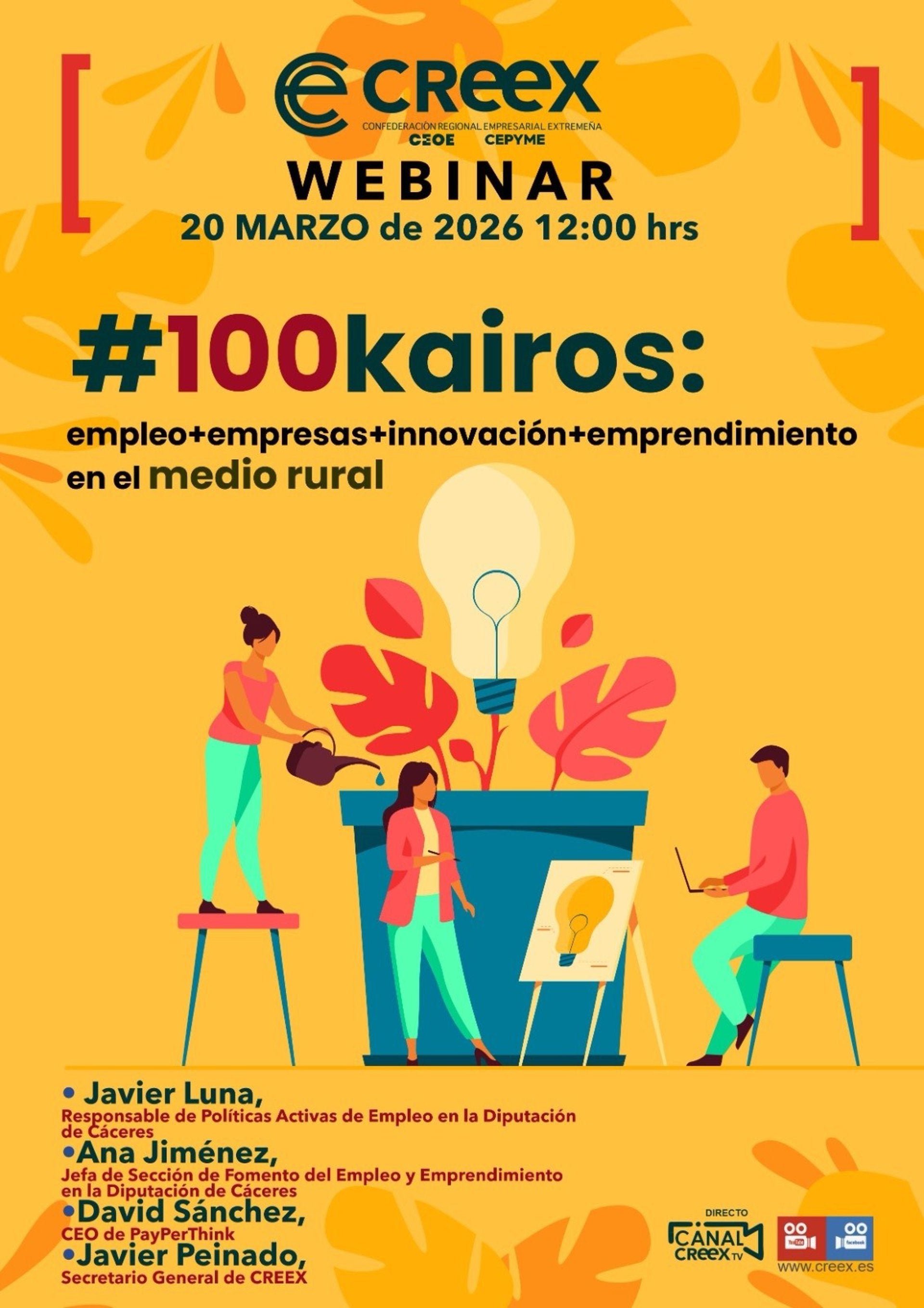 Un webinar de Creex aborda este viernes el proyecto 100Kairós para acercar el talento a las empresas rurales Un webinar de Creex aborda este viernes el proyecto 100Kairós para acercar el talento a las empresas rurales