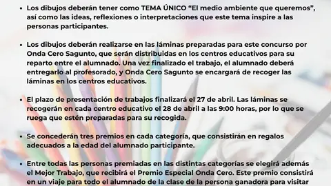 Onda Cero Sagunto convoca El XX Certamen del Concurso de dibujo 'El medio ambiente que queremos" para el alumnado de Primaria Onda Cero Sagunto convoca El XX Certamen del Concurso de dibujo 'El medio ambiente que queremos" para el alumnado de Primaria