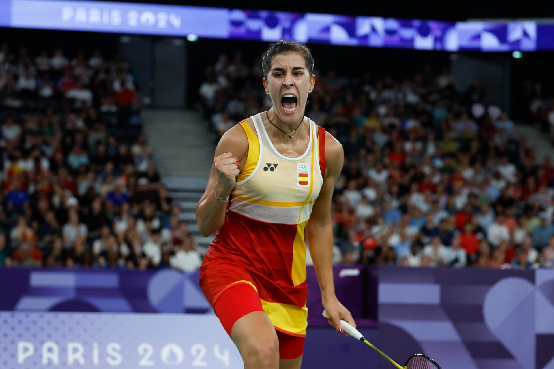 Carolina Marín, durante un partido en París 2024. Carolina Marín, durante un partido en París 2024.