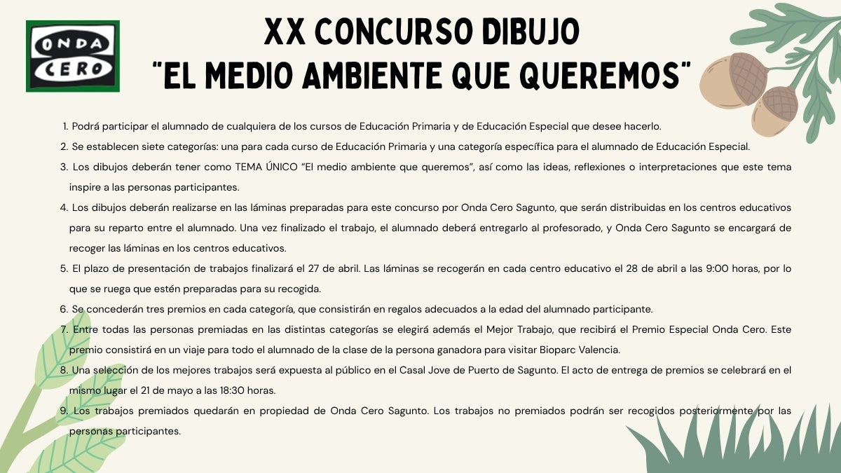 Onda Cero Sagunto convoca el XX Certamen del Concurso de dibujo 'El medio ambiente que queremos" para el alumnado de Primaria Onda Cero Sagunto convoca el XX Certamen del Concurso de dibujo 'El medio ambiente que queremos" para el alumnado de Primaria