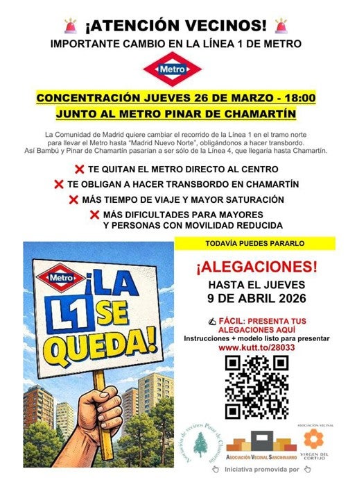 "La L1 se queda" Los vecinos protestan ante la pérdida de acceso directo al centro desde Pinar de Chamartín "La L1 se queda" Los vecinos protestan ante la pérdida de acceso directo al centro desde Pinar de Chamartín