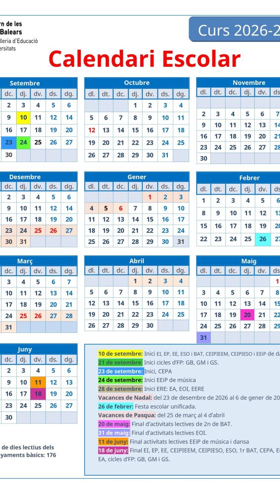 Calendario escolar para el curso 2026-2027 en Baleares.